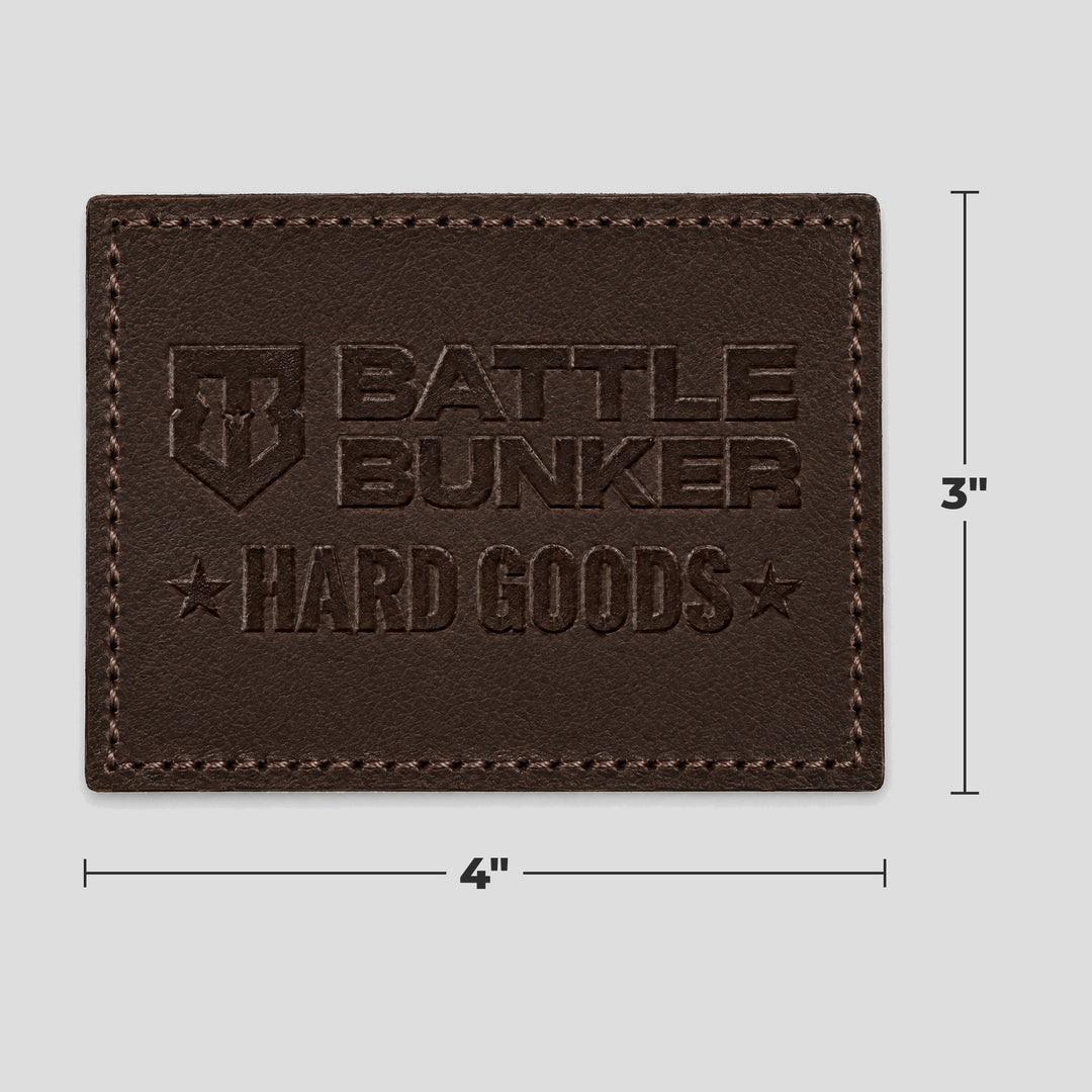 Hard Goods Leather Patch with measurements: 4 inches wide by 3 inches tall