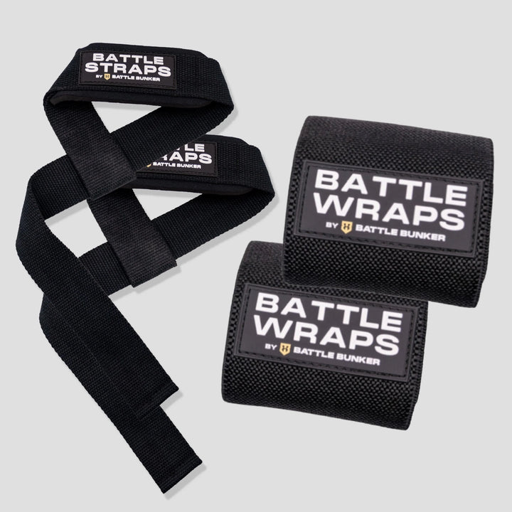 Black Battle Straps and Battle Wraps by Battle Bunker gym accessories on gray background