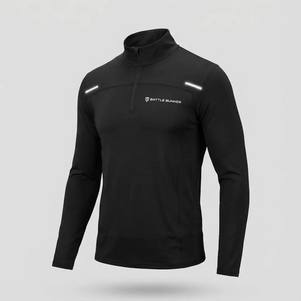 Black Battle Bunker long sleeve quarter zip performance shirt with reflective stripes
