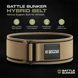 Battle Bunker Hybrid Belt with self-locking steel buckle and 4-inch uniform core support for athletes