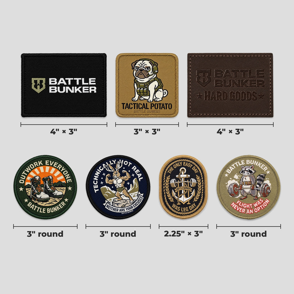 All 7 Battle Bunker patches shown to scale with measurements