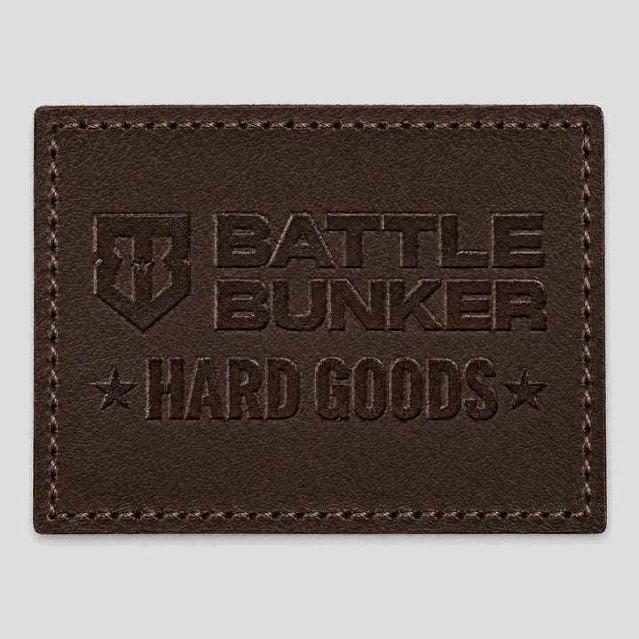 Hard Goods Leather Patch, brown debossed leather-style patch with shield logo