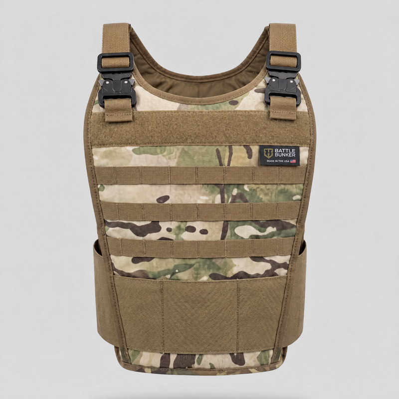 Battle Bunker Hybrid Vest MK 2.5 in camo, front view with slim nylon shoulder straps on a light gray background