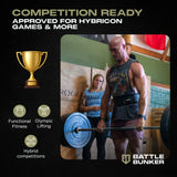 Battle Bunker competition ready ad with muscular man deadlifting weights in gym, functional fitness and Olympic lifting