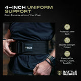 Battle Bunker 4-inch support belt worn for lower back protection and strength during squats