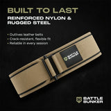 Battle Bunker reinforced nylon and rugged steel belt with crack-resistant, flexible fit
