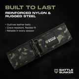 Battle Bunker camouflage padded weightlifting belt with reinforced nylon and rugged steel buckle