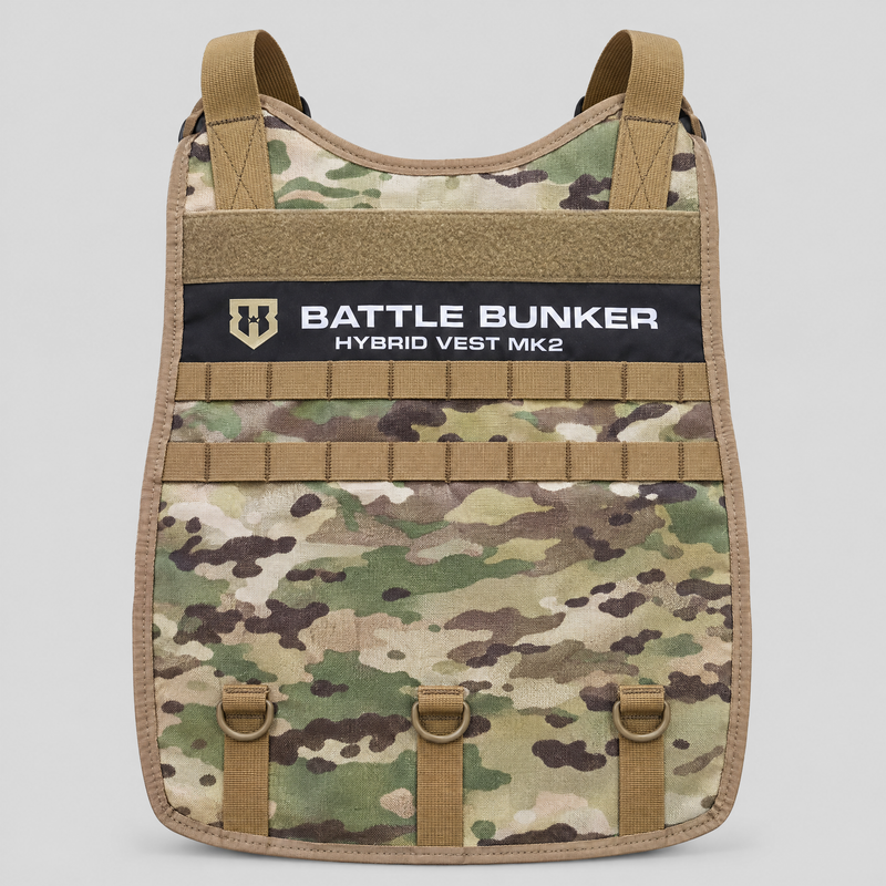 Back of the Battle Bunker Hybrid Vest MK 2.5 in camo with Battle Bunker name band, MOLLE rows and three D-rings