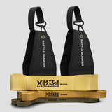 Battle Bunker branded black wrist straps and resistance battle bands in yellow and olive green with weight ranges