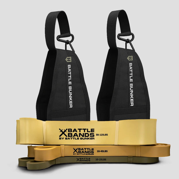 Battle Bunker branded black wrist straps and resistance battle bands in yellow and olive green with weight ranges
