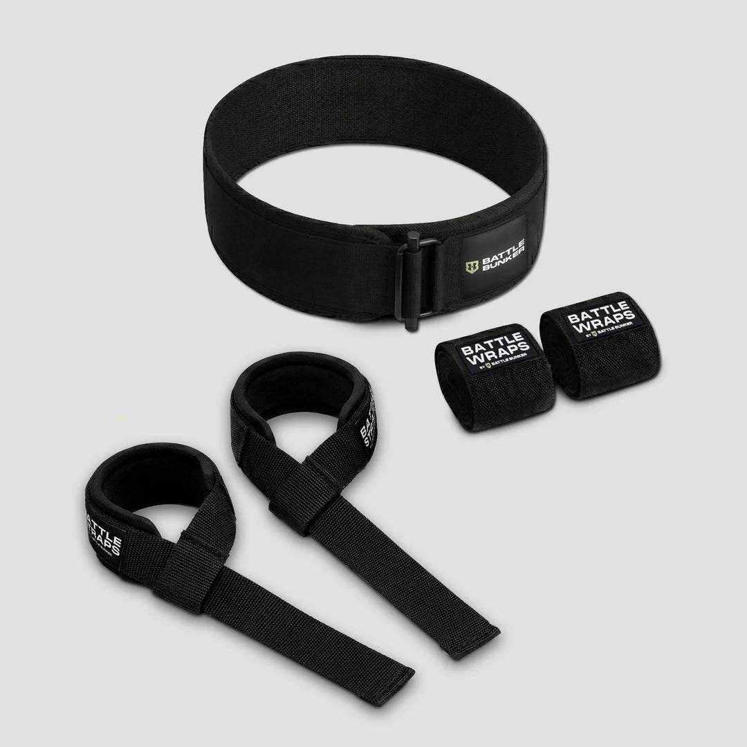 Battle Bunker black lifting belt with straps and wrist wraps fitness bundle on gray background