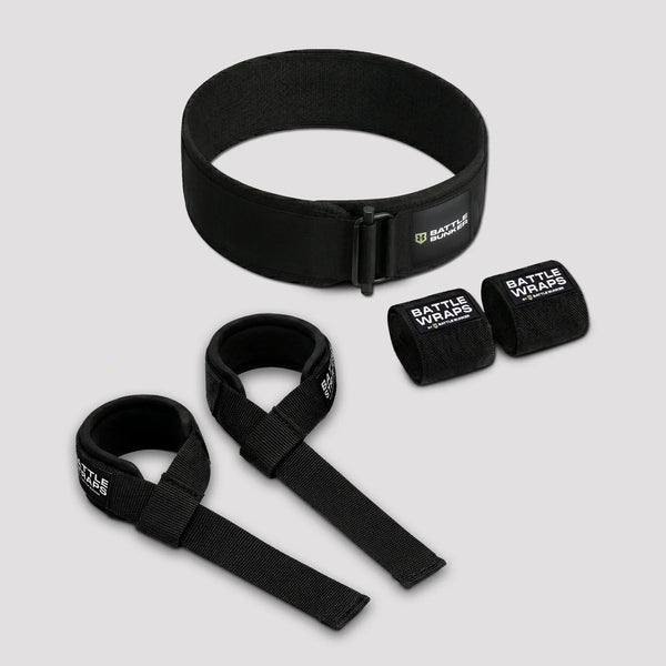 Battle Bunker black lifting belt with straps and wrist wraps fitness bundle on gray background