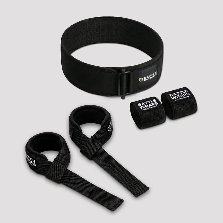 Battle Bunker black lifting belt with straps and wrist wraps fitness bundle on gray background