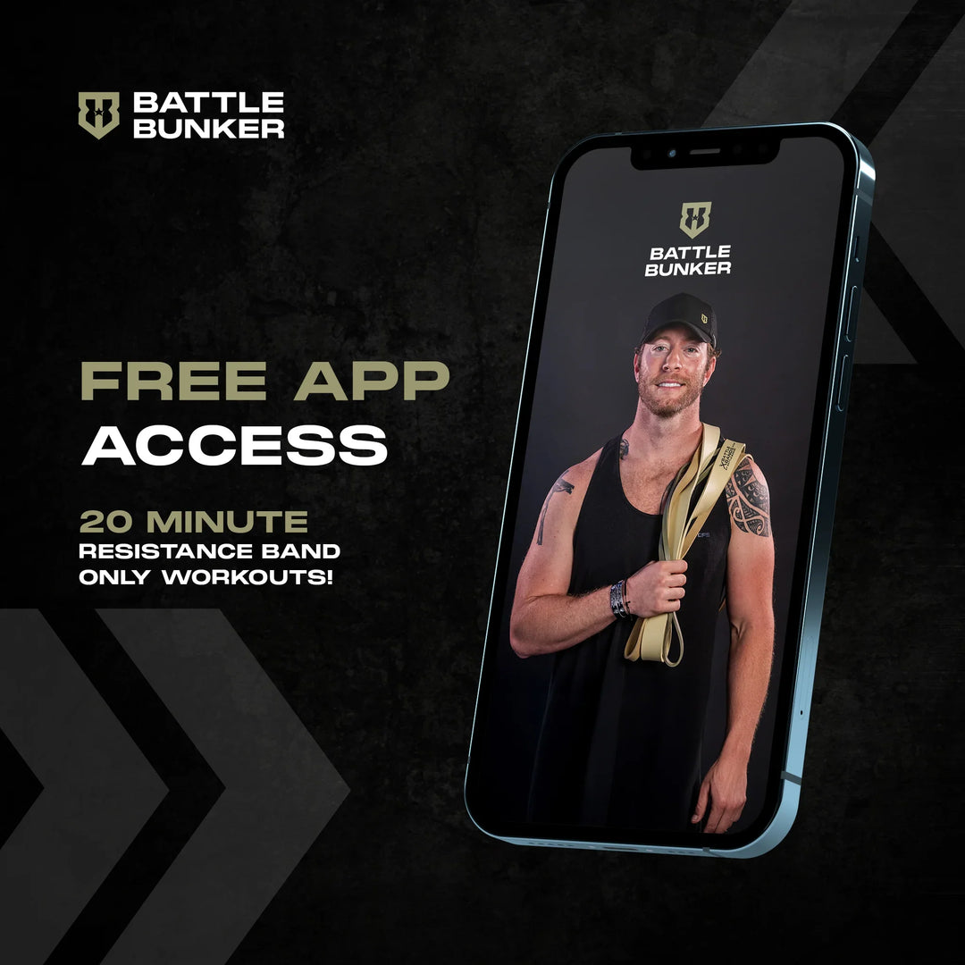 Battle Bunker free app access with 20-minute resistance band workouts shown on smartphone