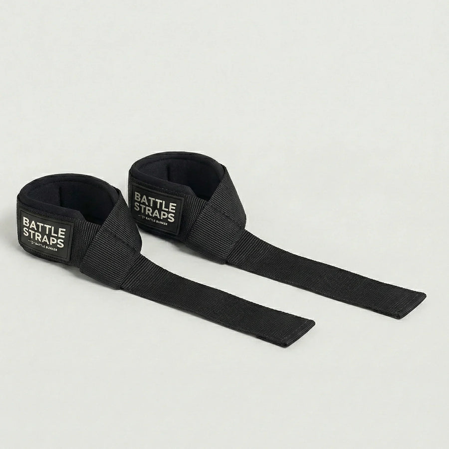Black Battle Straps wrist wraps with Battle Bunker branding for weightlifting support