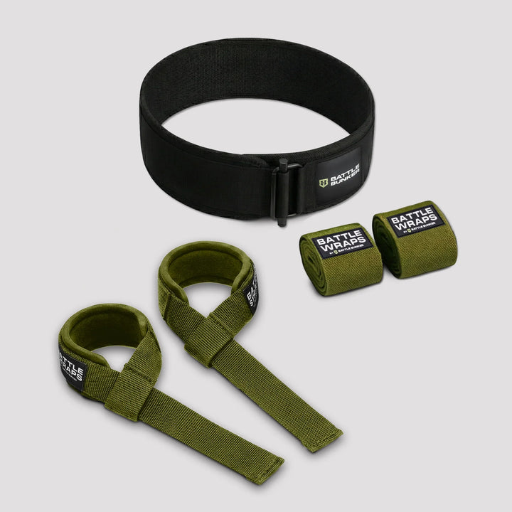 Battle Bunker black lifting belt with green Battle Wraps and wrist straps for weightlifting