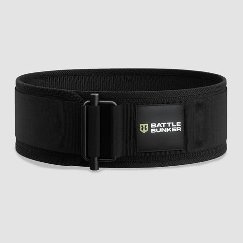 Black Battle Bunker weightlifting belt with metal buckle and logo patch