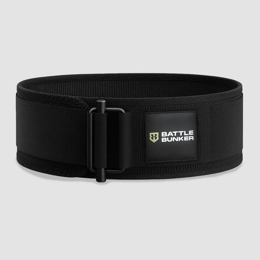 Black Battle Bunker weightlifting belt with metal buckle and logo patch