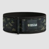Battle Bunker camo weightlifting belt with black buckle on gray background