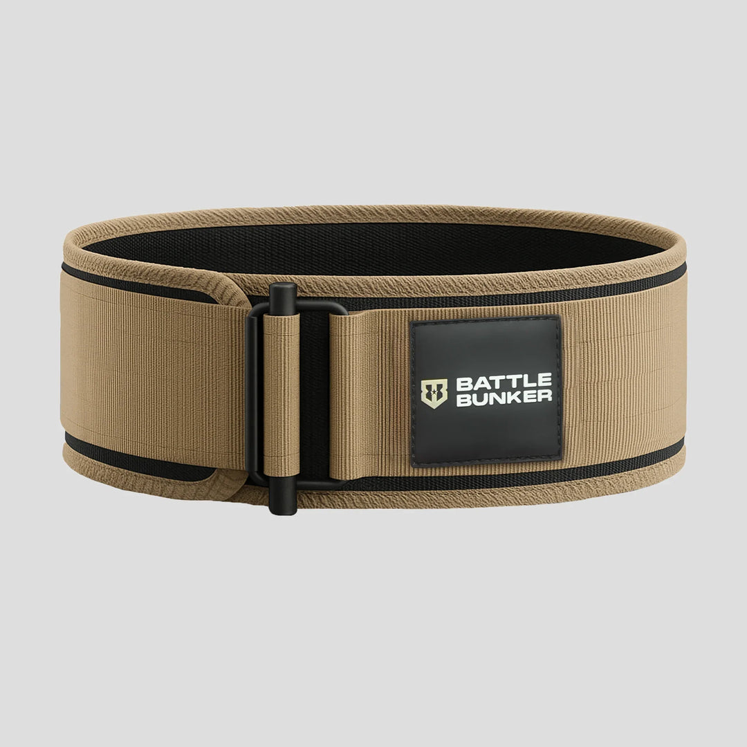 Battle Bunker tan weightlifting belt with black buckle and logo patch on grey background