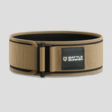 Battle Bunker sturdy tan fitness weightlifting belt with black buckle and logo patch
