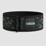 Battle Bunker camo weightlifting belt with black padding and metal buckle