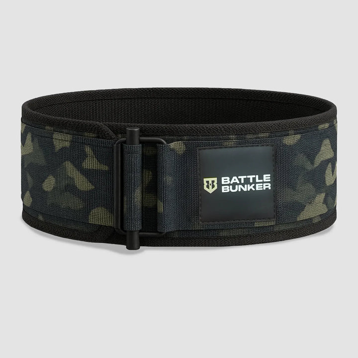 Battle Bunker camo weightlifting belt with black padding and metal buckle