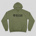 Green hoodie with 'Battle Bunker' logo on a light gray background