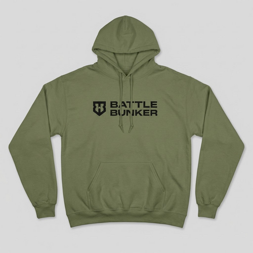 Green hoodie with 'Battle Bunker' logo on a light gray background