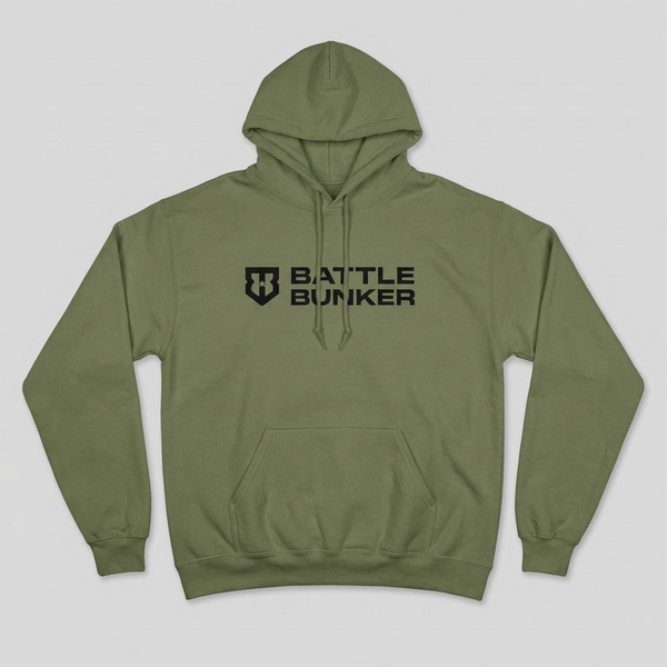 Green hoodie with 'Battle Bunker' logo on a light gray background
