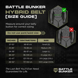 Battle Bunker Hybrid Belt size guide with correct belly measurement chart in inches and centimeters