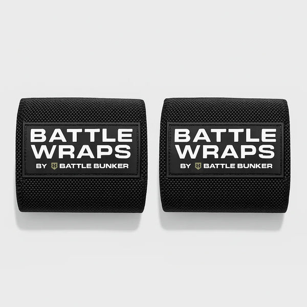 Pair of black Battle Wraps by Battle Bunker fitness wrist wraps on white background