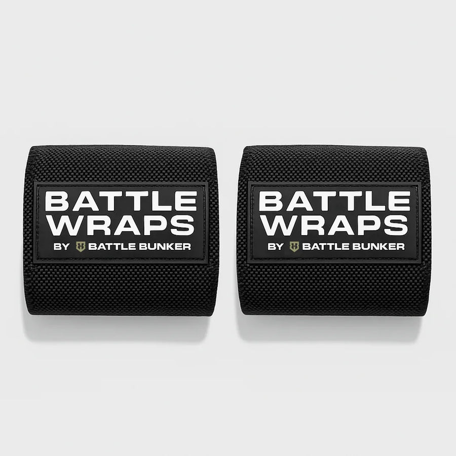 Pair of black Battle Wraps by Battle Bunker fitness wrist wraps on white background