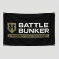 Battle Bunker black flag with white logo and text Stronger Than Yesterday in military style