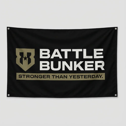 Battle Bunker black flag with white logo and text Stronger Than Yesterday in military style