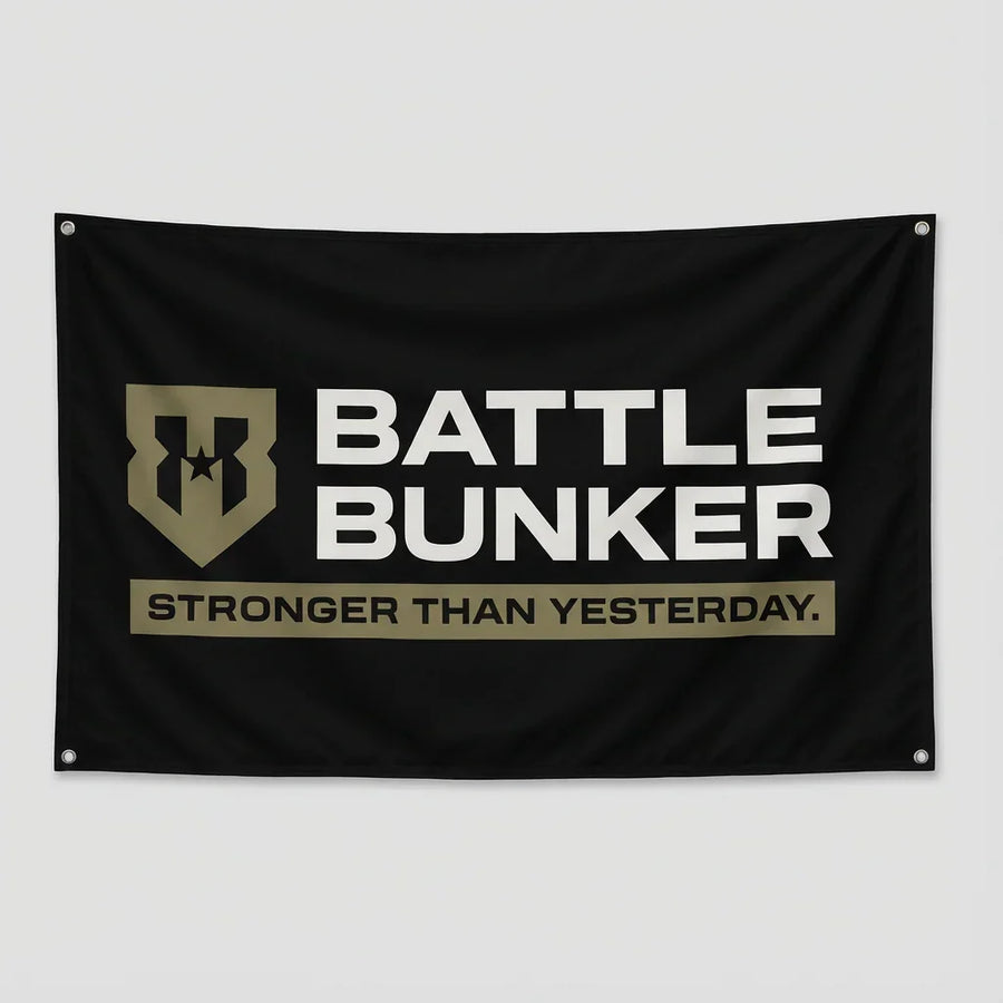 Battle Bunker black flag with white logo and text Stronger Than Yesterday in military style