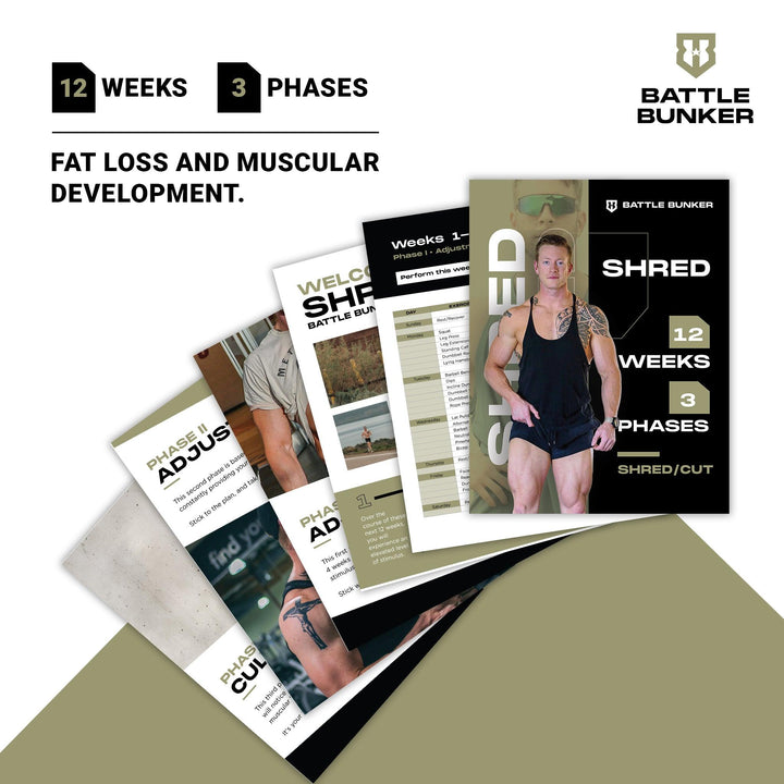 Battle Bunker Shred 12-week fat loss and muscular development program with workout phases and muscular man