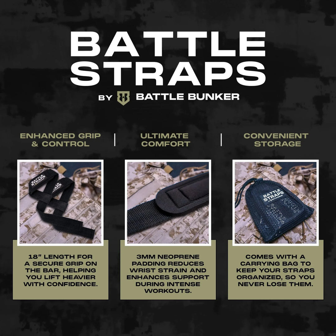Battle Bunker Battle Straps with 18-inch secure grip, neoprene padding, and carrying bag for storage