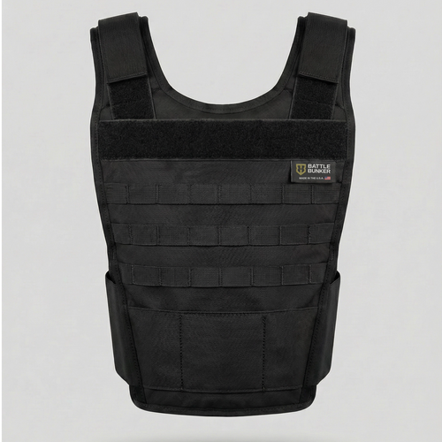 Black battle bunker hybrid vest on a light gray background