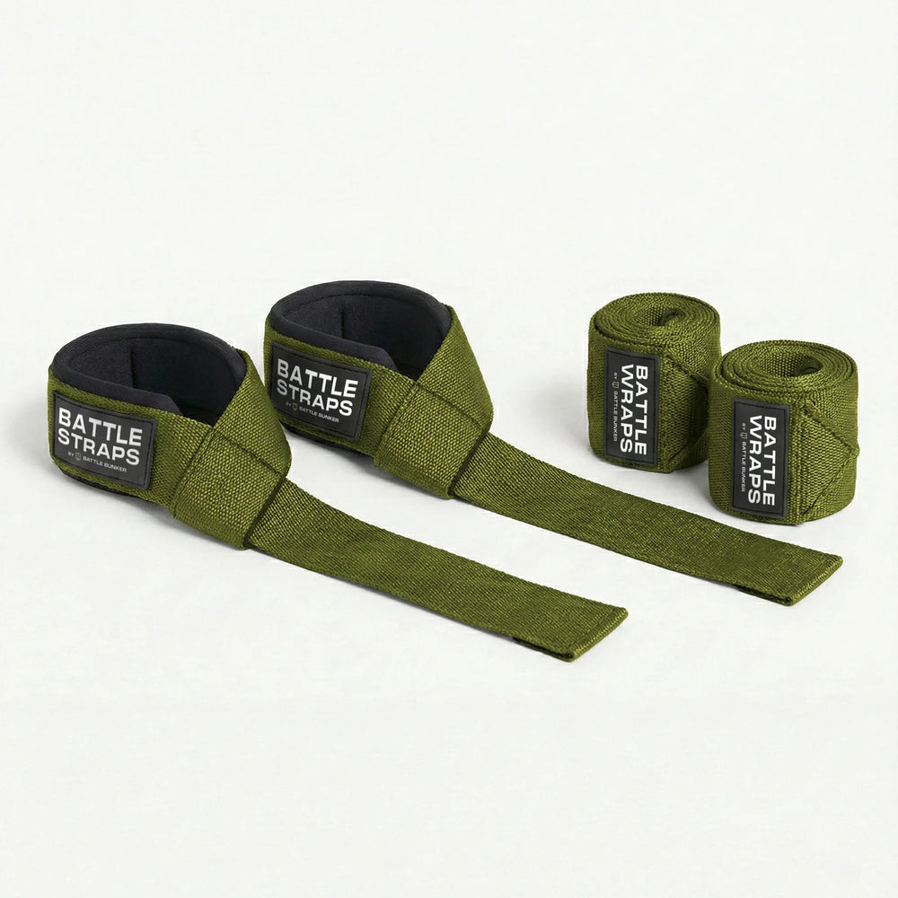 Battle Bunker green lifting straps and wraps bundle with padded wrist support on white background