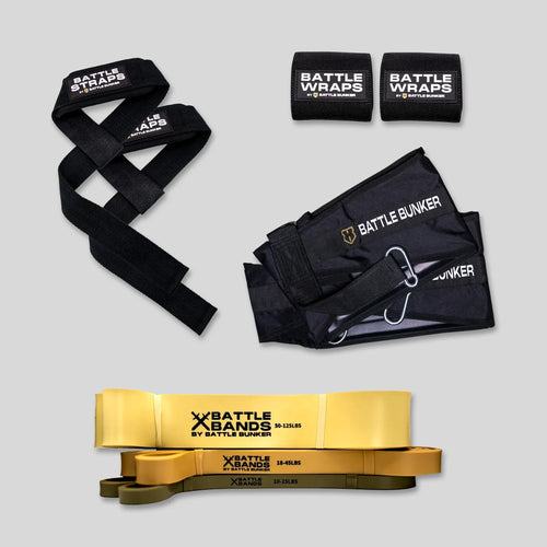 Battle Bunker black battle straps, wraps, and yellow resistance battle bands set on gray background