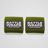 Two olive green Battle Bunker wraps labeled Battle Wraps, durable fabric lifting straps