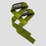 OD green Battle Bunker branded lifting straps with black label on light gray background