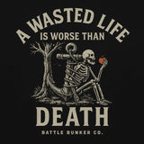 Skeleton sitting against an anchor by a barren tree holding an apple with quote from Battle Bunker Co.