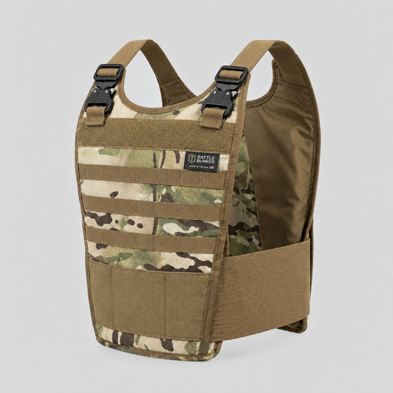 Battle Bunker Hybrid Vest MK 2.5 in camo, three-quarter view with slim nylon shoulder straps and quick-release buckles