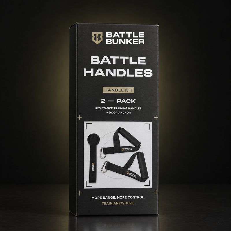 Battle Handles 2-pack resistance training handles box by Battle Bunker on a dark studio background