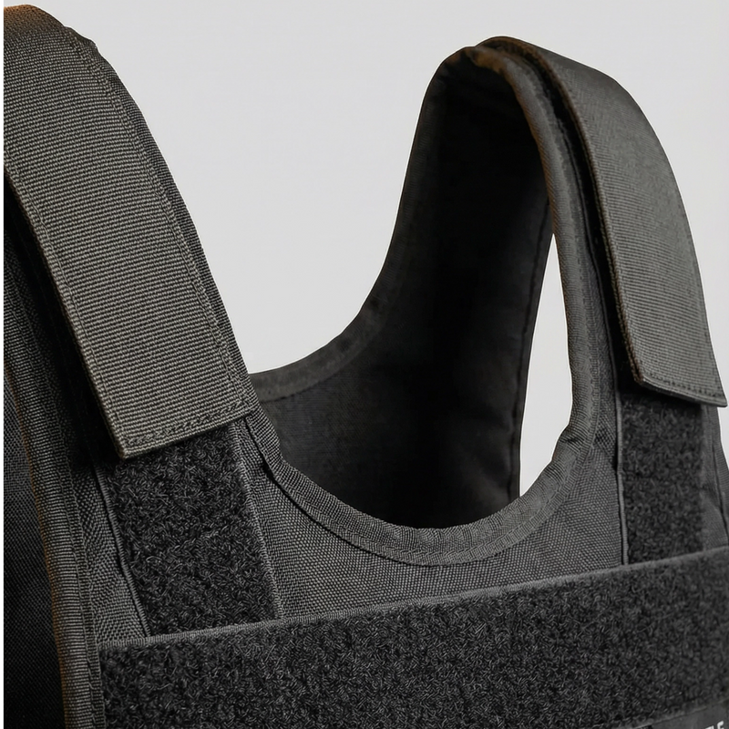 Black tactical vest with visible branding on a light gray background