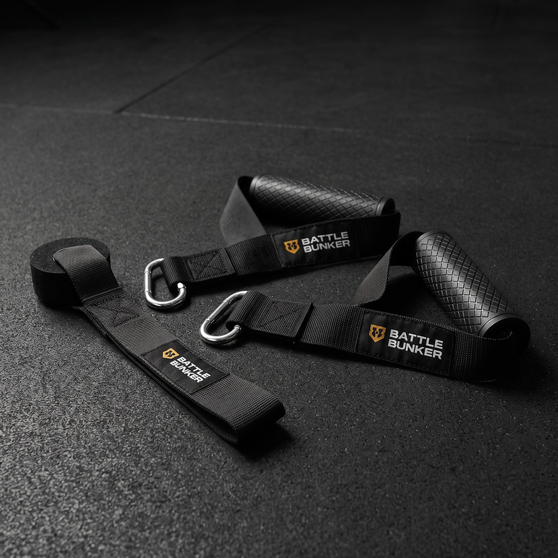 Two black Battle Bunker resistance bands with textured handles and silver metal carabiners, displayed on a dark gym floor.