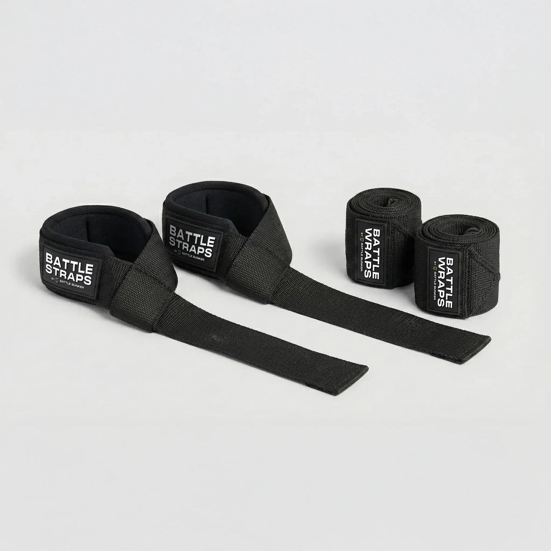 Black Battle Bunker lifting straps and wrist wraps set for weightlifting and gym support