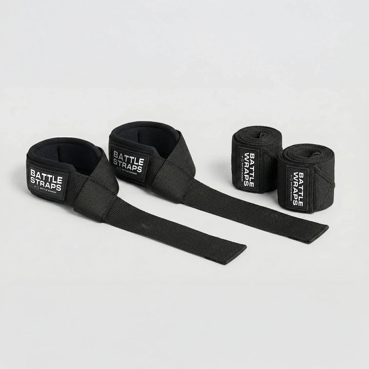 Black Battle Bunker lifting straps and wrist wraps set for weightlifting and gym support